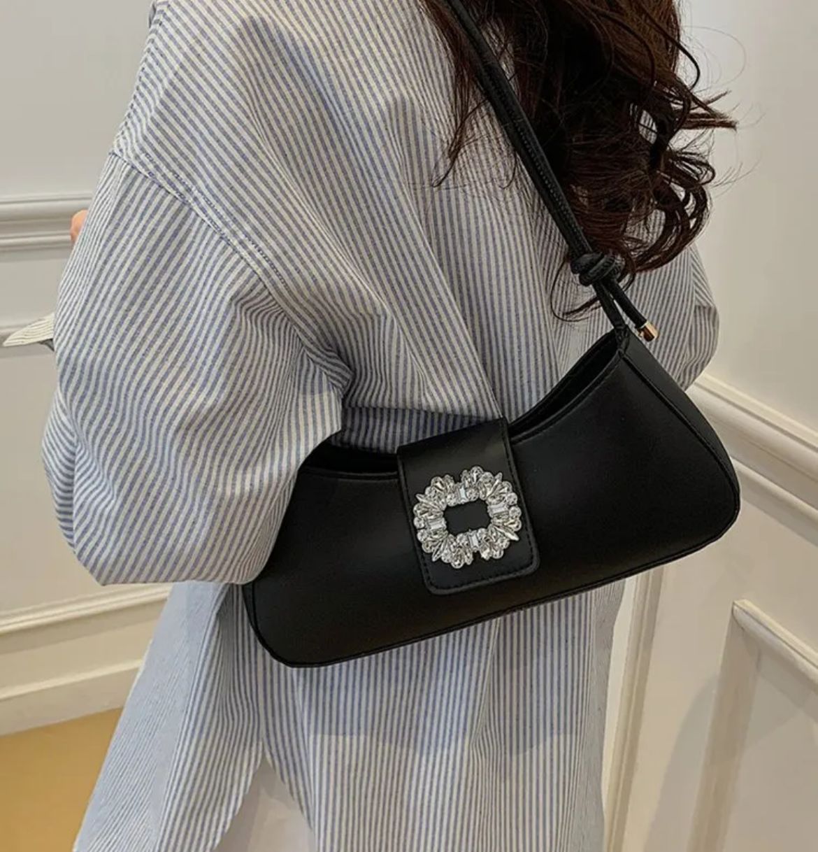 Black Crystal-Buckle Shoulder Bag