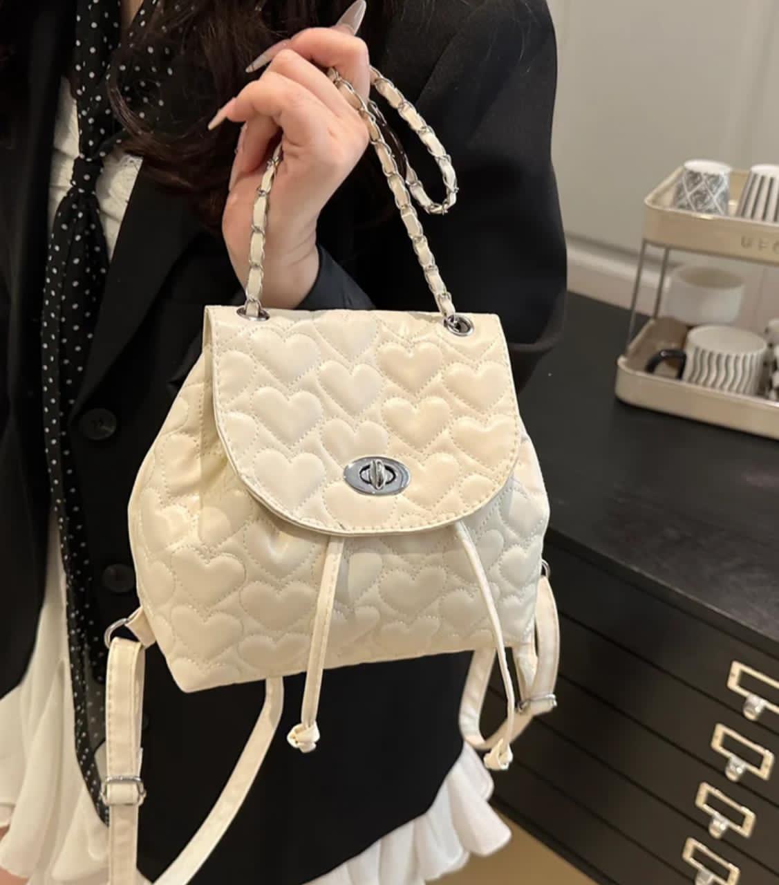 Cream Heart-Quilted Backpack