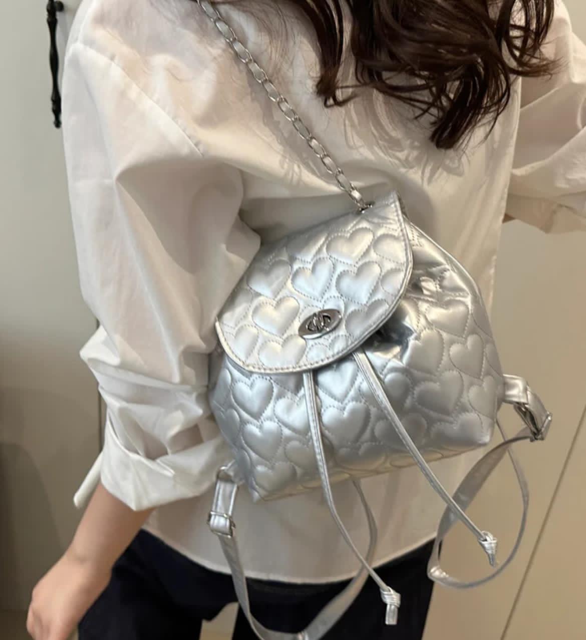 Silver Heart-Quilted Backpack