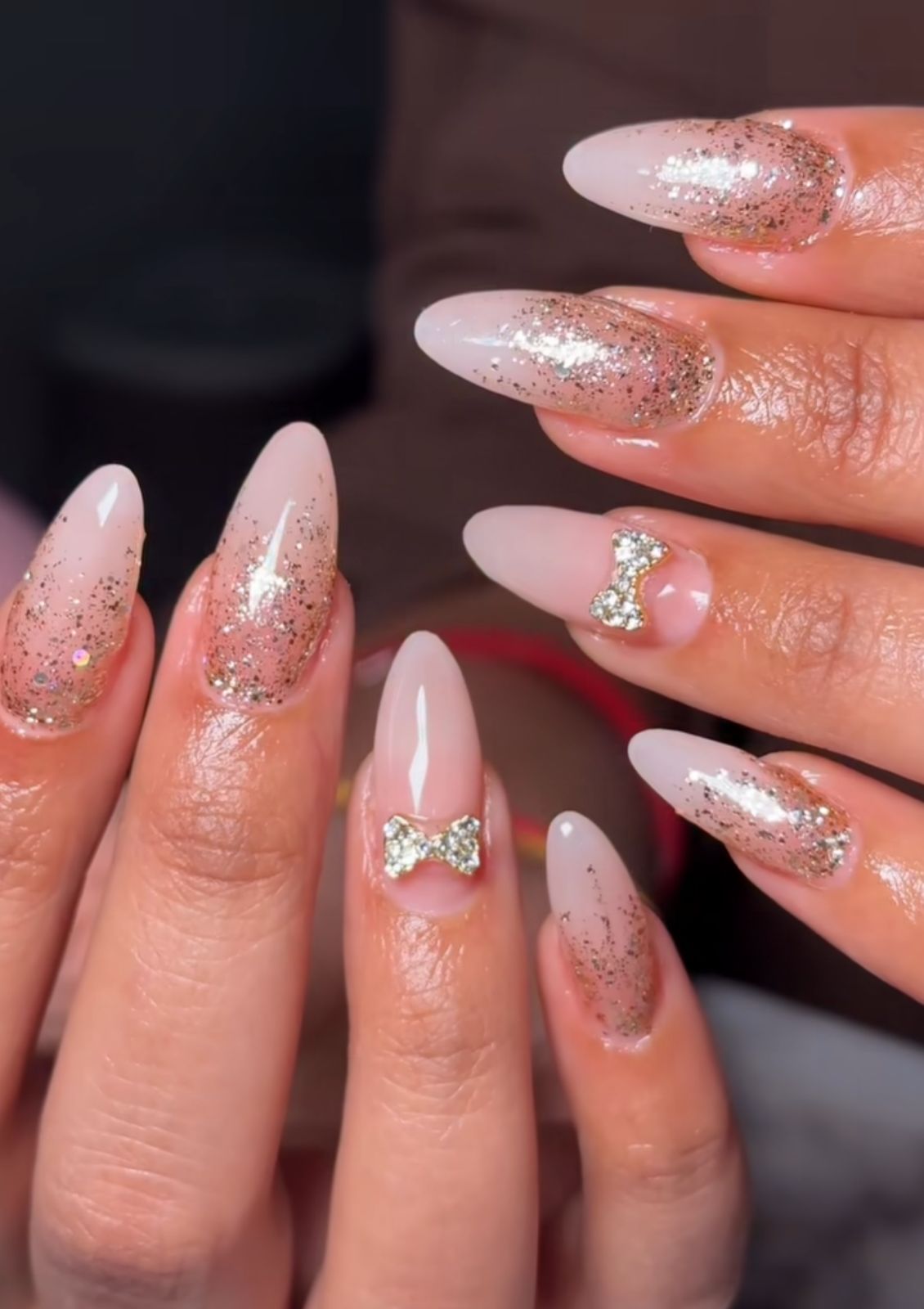 Glitter Pink Nails with Bows