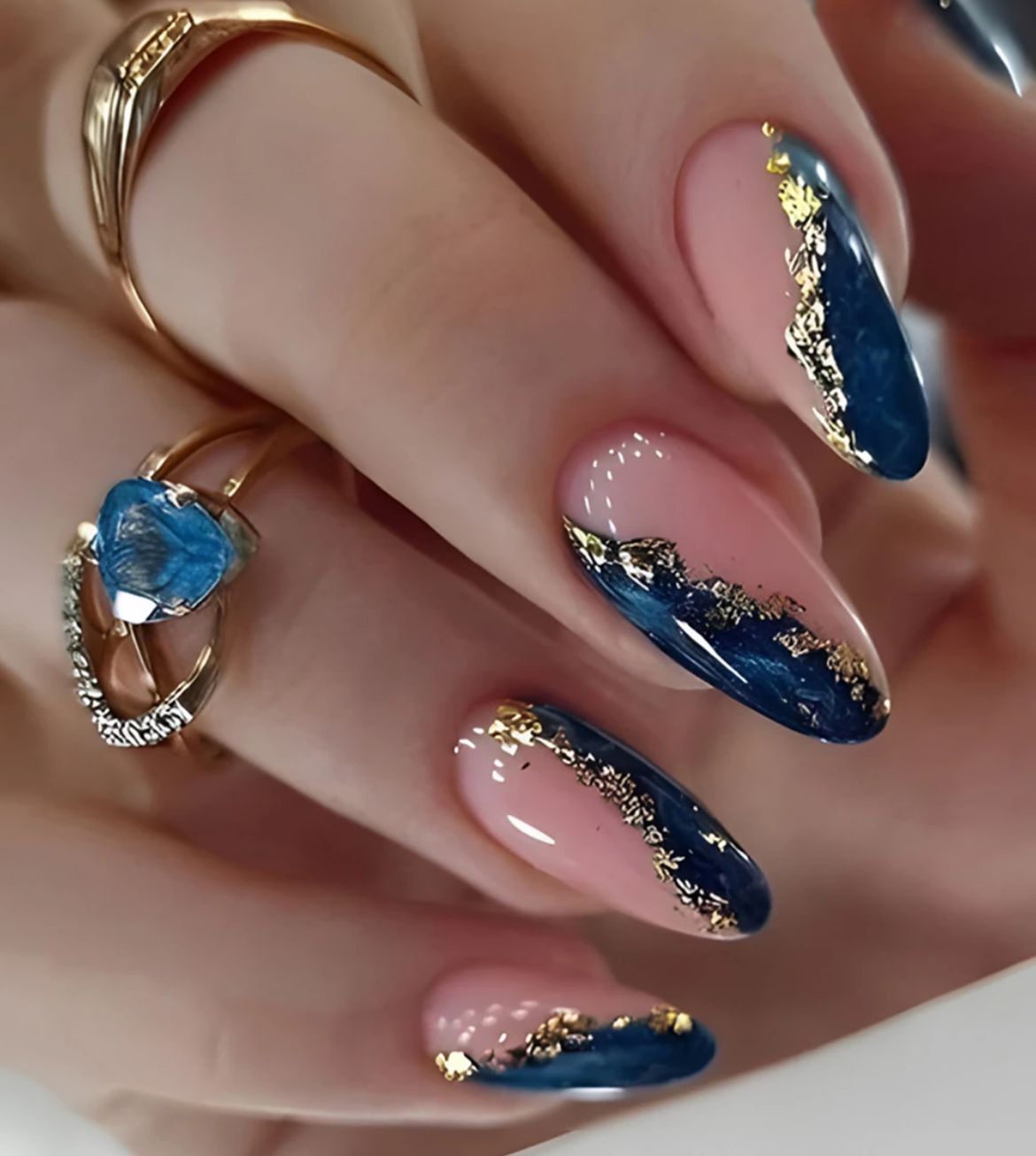 Blue & Gold Marble Nails
