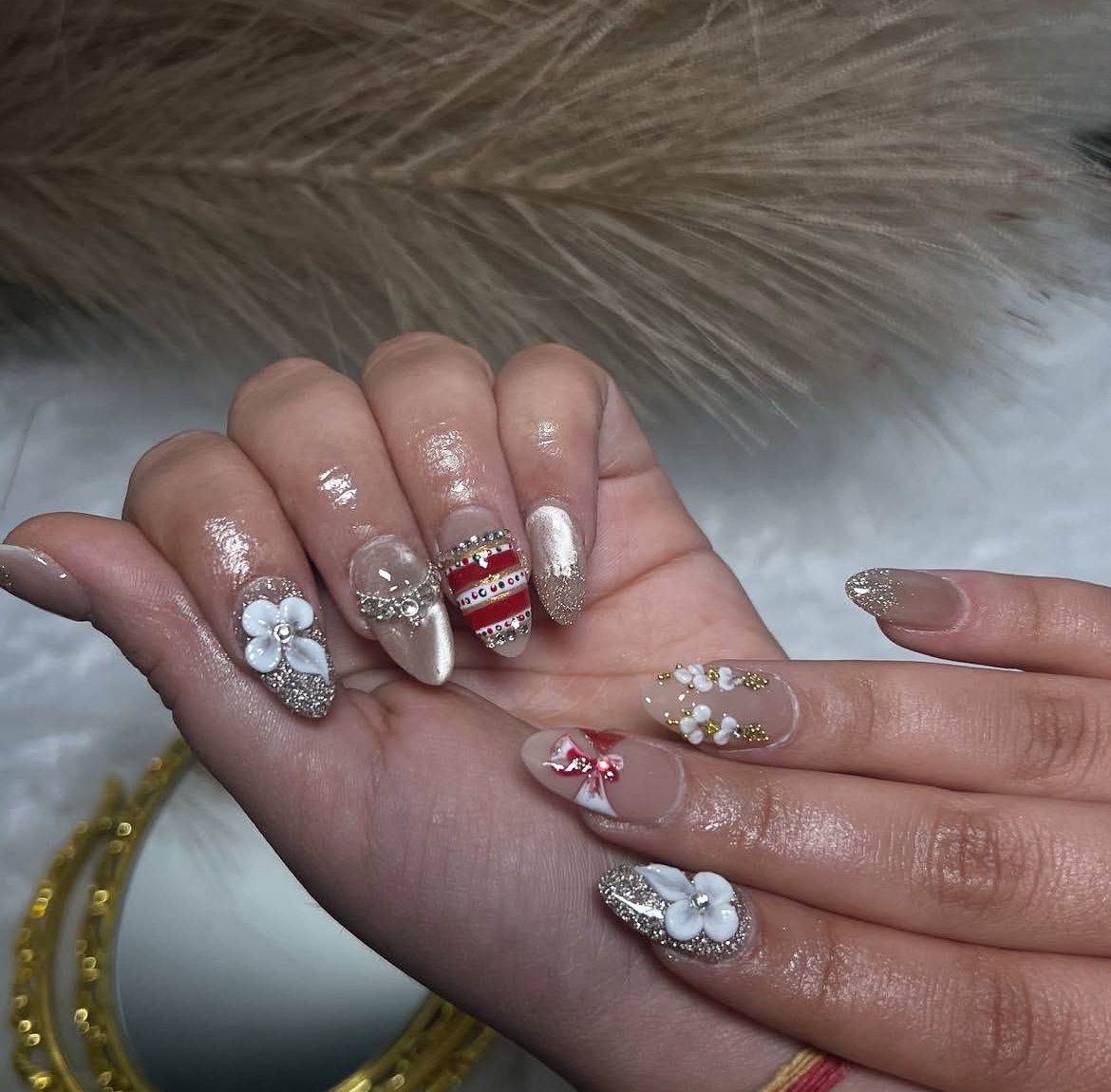 Elegant Floral & Jewel Nails